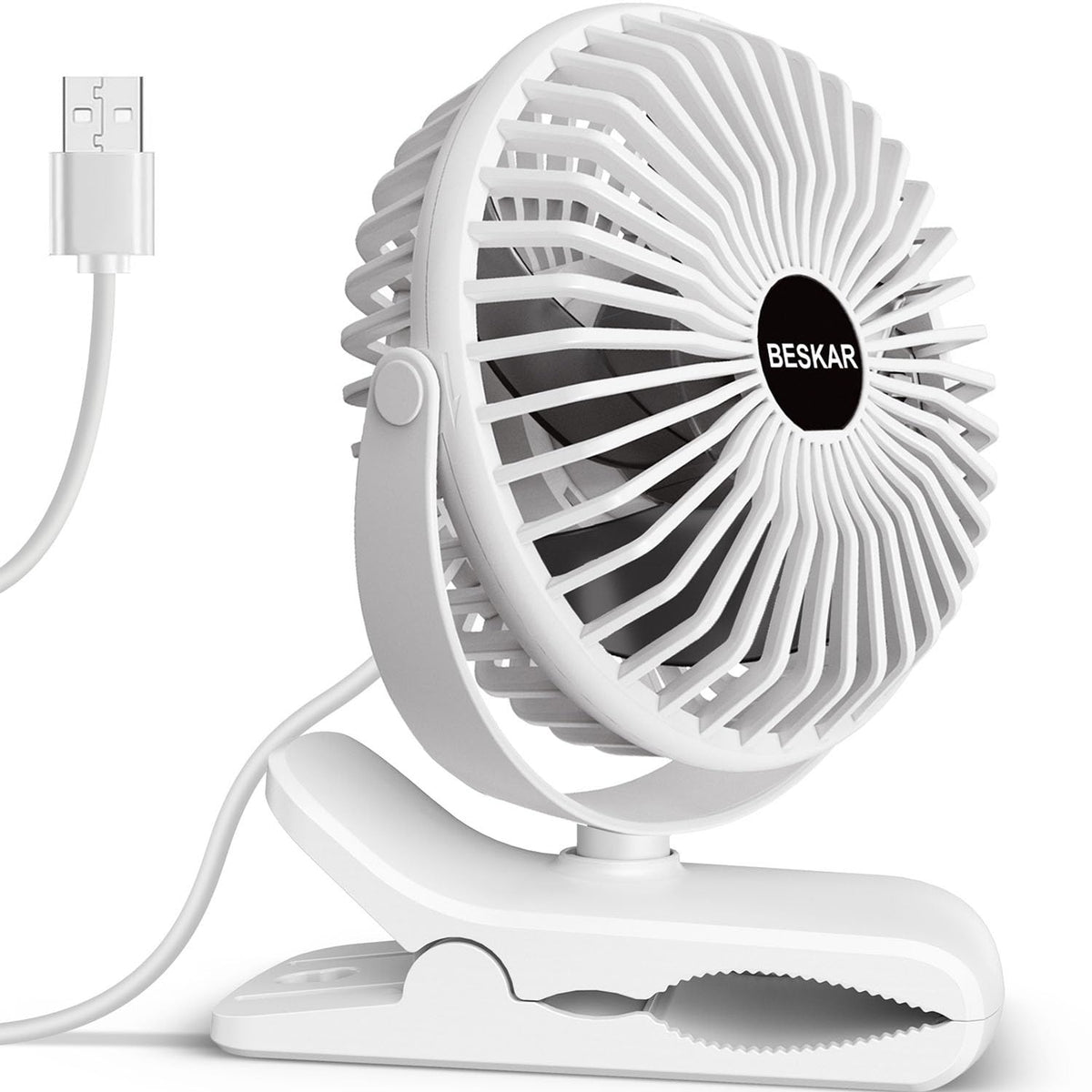 BESKAR USB Clip on Fan, Portable Small Desk Fan with Cord Powered | 3 Speeds Strong Airflow, Sturdy Clamp, Ultra Quiet Personal Cooling Fan for Office Dorm Bedroom Stroller