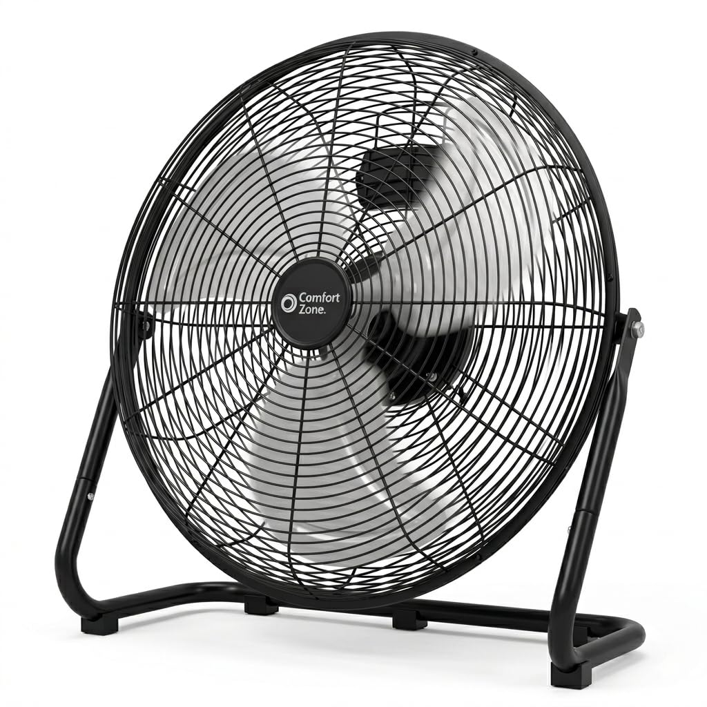 Comfort Zone Cradle Floor Fan, Electric, High-Velocity,180 Degree Adjustable Tilt, 18 inch, 3 Speed, Carry Handle, Rubber Feet, Metal, Airflow 19.36 ft/sec, Ideal for Garage or Workshop, CZHV18BK