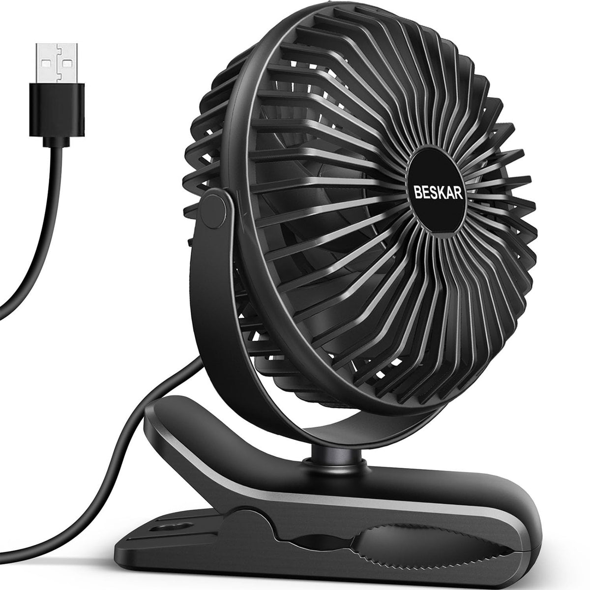 BESKAR USB Clip on Fan, Portable Small Desk Fan with Cord Powered | 3 Speeds Strong Airflow, Sturdy Clamp, Ultra Quiet Personal Cooling Fan for Office Dorm Bedroom Stroller