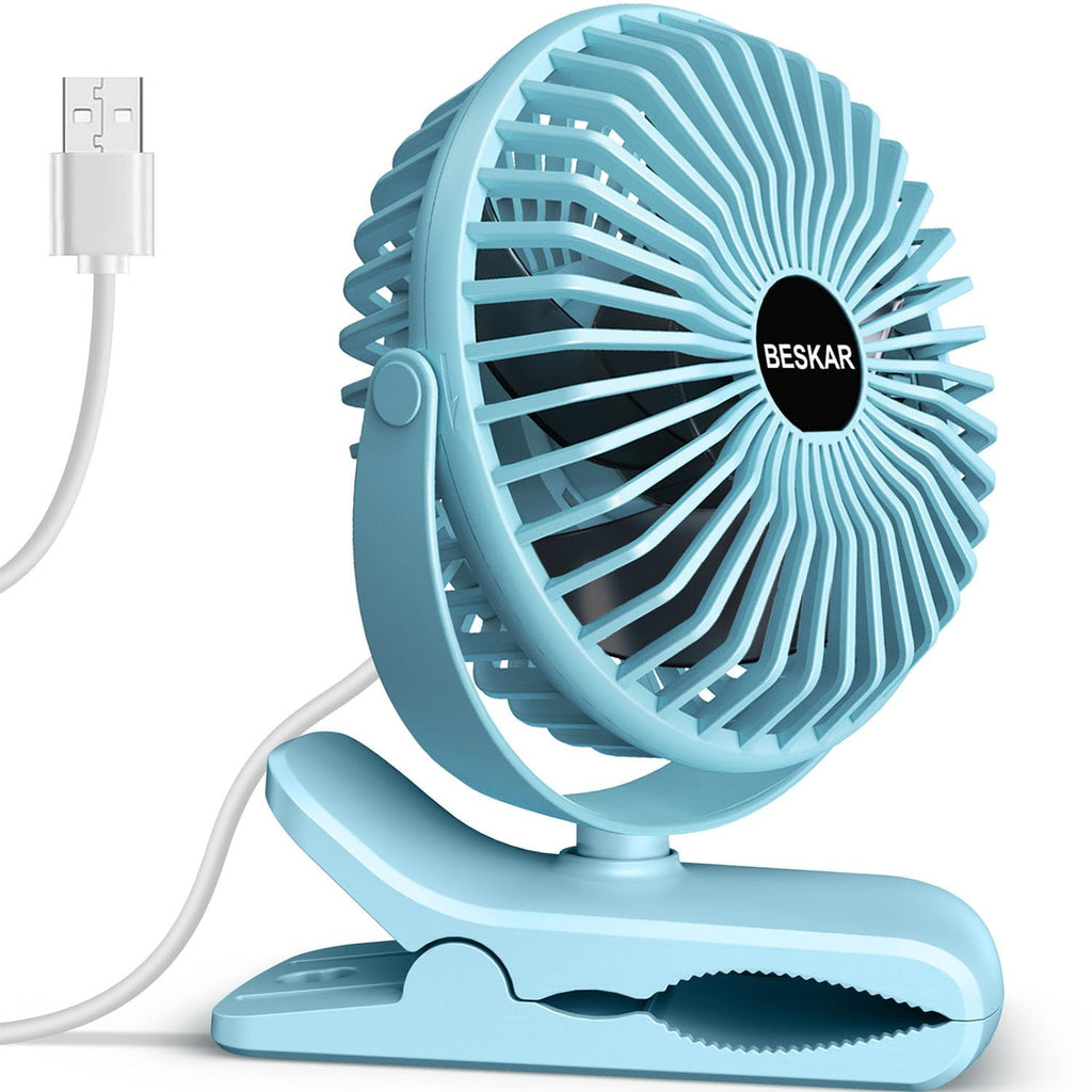 BESKAR USB Clip on Fan, Portable Small Desk Fan with Cord Powered | 3 Speeds Strong Airflow, Sturdy Clamp, Ultra Quiet Personal Cooling Fan for Office Dorm Bedroom Stroller
