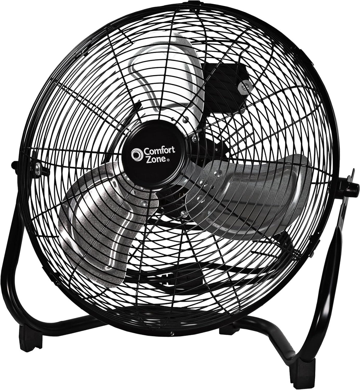 Comfort Zone Cradle Floor Fan, Electric, High-Velocity,180 Degree Adjustable Tilt, 18 inch, 3 Speed, Carry Handle, Rubber Feet, Metal, Airflow 19.36 ft/sec, Ideal for Garage or Workshop, CZHV18BK