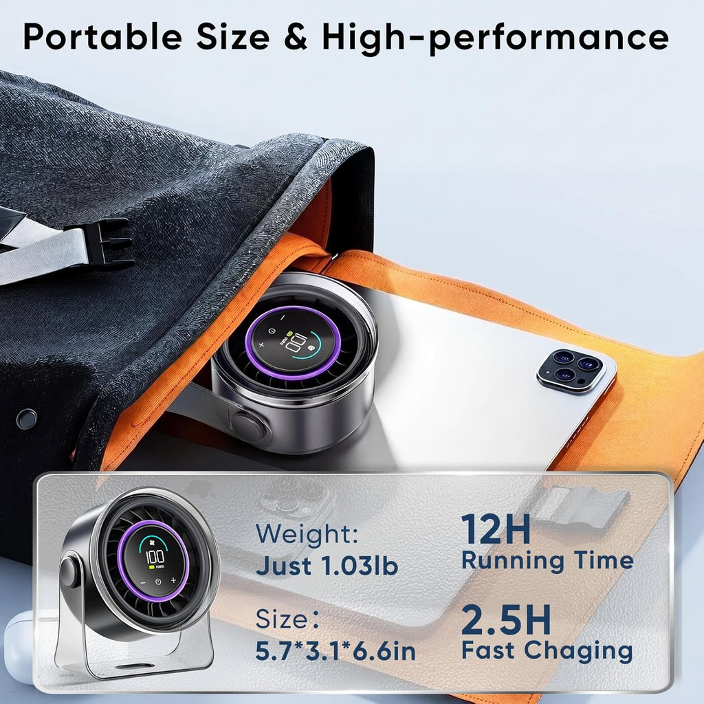 FRONTSUN Portable Desk Fan,Quiet Fan for Bedroom,Portable Fan withTurbo Airflow,Fans with 100 Speeds Digital Display, 360° Tilt,Rechargeable Battery Powered Fan,Small Fan for Home
