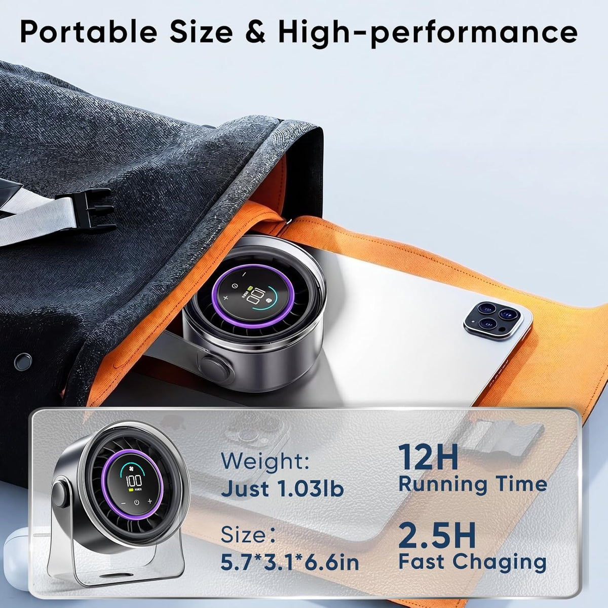 FRONTSUN Portable Desk Fan,Quiet Fan for Bedroom,Portable Fan withTurbo Airflow,Fans with 100 Speeds Digital Display, 360° Tilt,Rechargeable Battery Powered Fan,Small Fan for Home