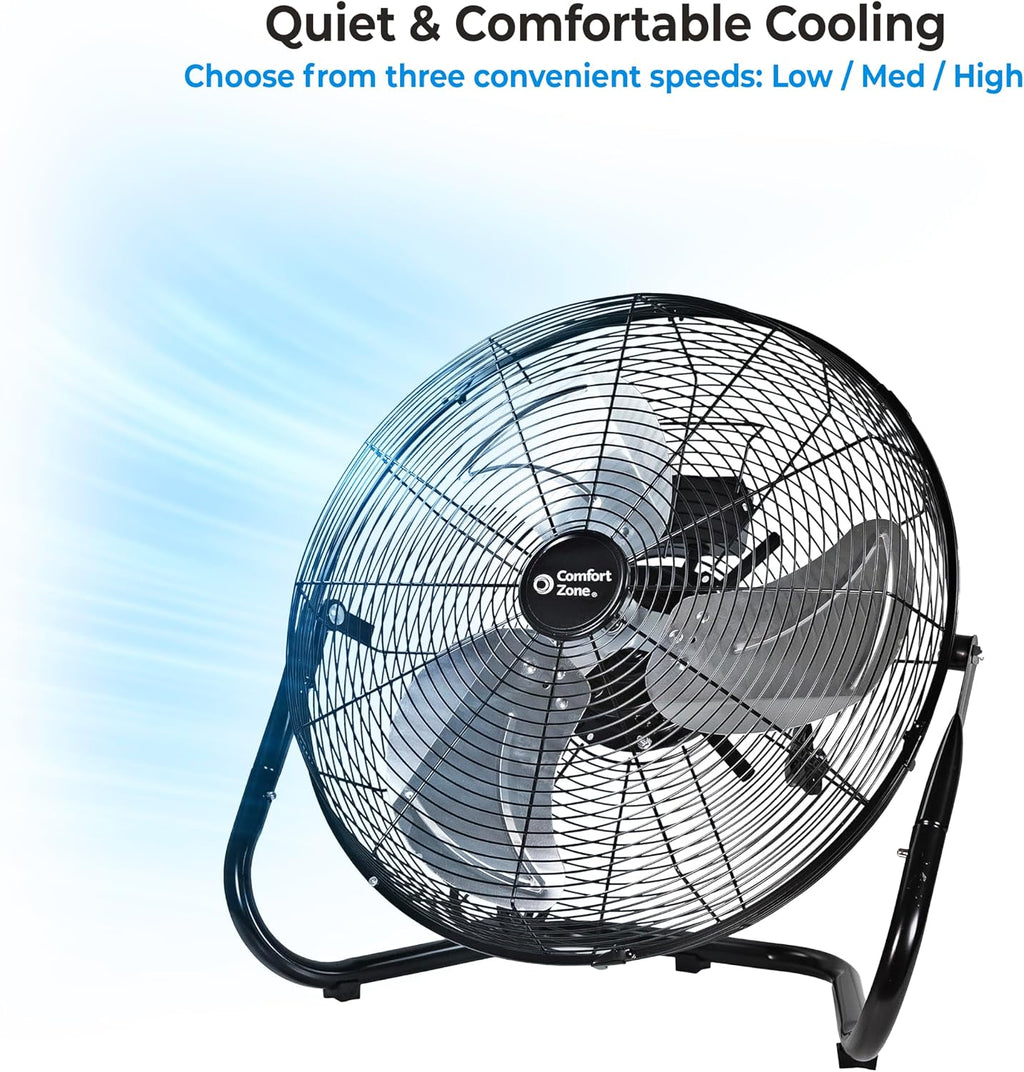 Comfort Zone Cradle Floor Fan, Electric, High-Velocity,180 Degree Adjustable Tilt, 18 inch, 3 Speed, Carry Handle, Rubber Feet, Metal, Airflow 19.36 ft/sec, Ideal for Garage or Workshop, CZHV18BK