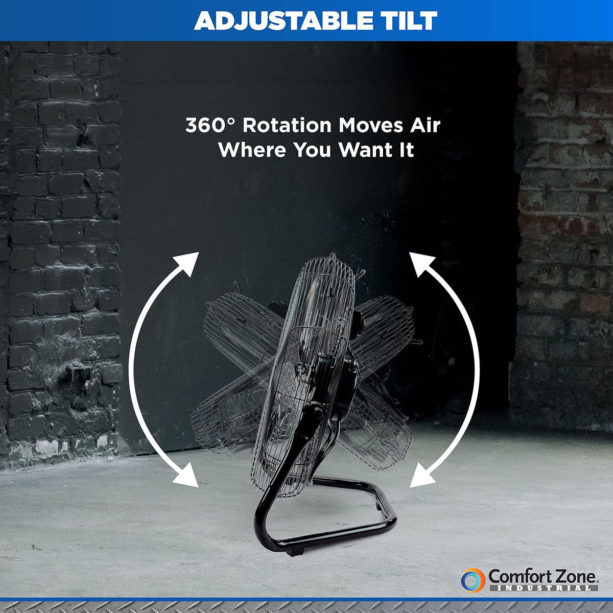 Comfort Zone Cradle Floor Fan, Electric, High-Velocity,180 Degree Adjustable Tilt, 18 inch, 3 Speed, Carry Handle, Rubber Feet, Metal, Airflow 19.36 ft/sec, Ideal for Garage or Workshop, CZHV18BK