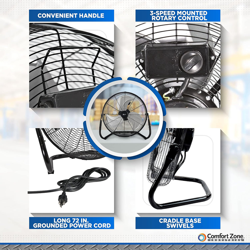Comfort Zone Cradle Floor Fan, Electric, High-Velocity,180 Degree Adjustable Tilt, 18 inch, 3 Speed, Carry Handle, Rubber Feet, Metal, Airflow 19.36 ft/sec, Ideal for Garage or Workshop, CZHV18BK