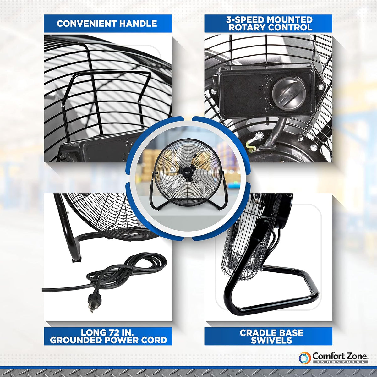 Comfort Zone Cradle Floor Fan, Electric, High-Velocity,180 Degree Adjustable Tilt, 18 inch, 3 Speed, Carry Handle, Rubber Feet, Metal, Airflow 19.36 ft/sec, Ideal for Garage or Workshop, CZHV18BK