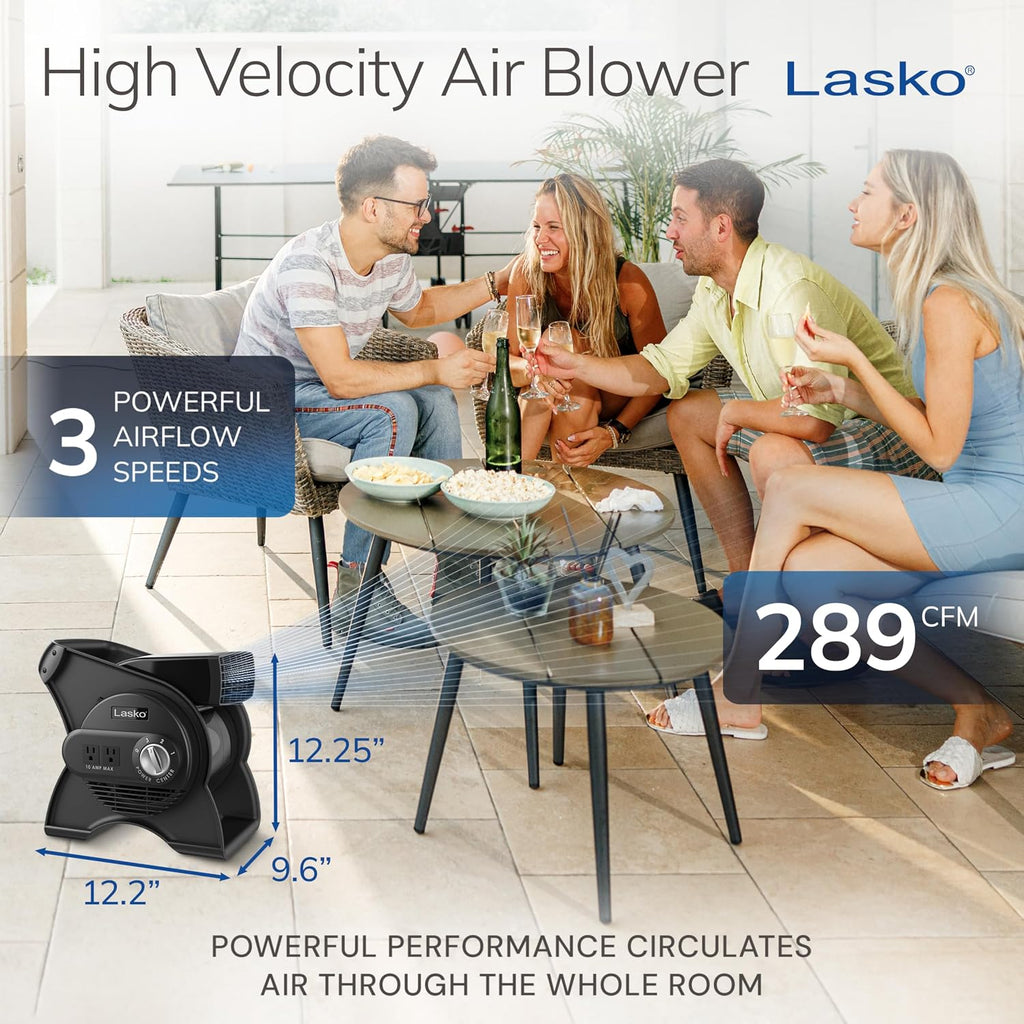 Lasko Pivoting High Velocity Portable Utility Fan - 12" - U12104 - Black | Adjustable Air Mover Blower Fan for Bedroom, Office Desk, Garage, and Home, With 2 Outlets 120V, 3 Speeds