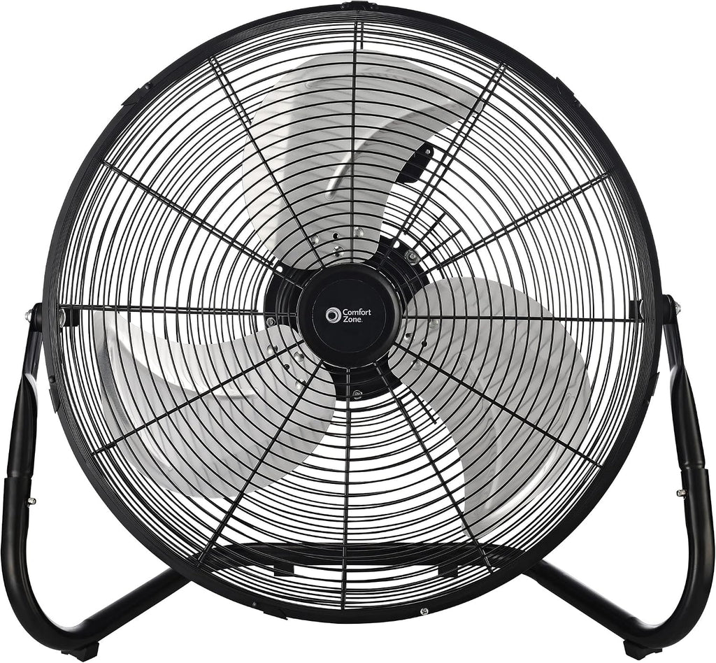 Comfort Zone Cradle Floor Fan, Electric, High-Velocity,180 Degree Adjustable Tilt, 18 inch, 3 Speed, Carry Handle, Rubber Feet, Metal, Airflow 19.36 ft/sec, Ideal for Garage or Workshop, CZHV18BK